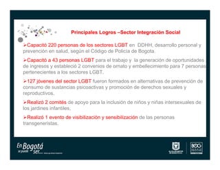 Principales Logros –Sector Integración Social

Capacitó 220 personas de los sectores LGBT en DDHH, desarrollo personal y
prevención en salud, según el Código de Policía de Bogota.
Capacitó a 43 personas LGBT para el trabajo y la generación de oportunidades
de ingresos y estableció 2 convenios de ornato y embellecimiento para 7 personas
pertenecientes a los sectores LGBT.
127 jóvenes del sector LGBT fueron formados en alternativas de prevención de
consumo de sustancias psicoactivas y promoción de derechos sexuales y
reproductivos.
Realizó 2 comités de apoyo para la inclusión de niños y niñas intersexuales de
los jardines infantiles,
Realizó 1 evento de visibilizaciòn y sensibilización de las personas
transgeneristas.
 