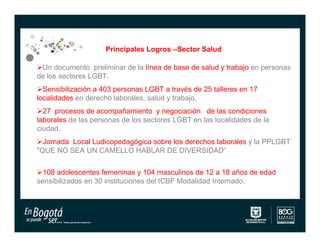 Principales Logros –Sector Salud

Un documento preliminar de la línea de base de salud y trabajo en personas
de los sectores LGBT.
Sensibilización a 403 personas LGBT a través de 25 talleres en 17
localidades en derecho laborales, salud y trabajo.
27 procesos de acompañamiento y negociación de las condiciones
laborales de las personas de los sectores LGBT en las localidades de la
ciudad.
Jornada Local Ludicopedagógica sobre los derechos laborales y la PPLGBT
"QUE NO SEA UN CAMELLO HABLAR DE DIVERSIDAD“


108 adolescentes femeninas y 104 masculinos de 12 a 18 años de edad
sensibilizados en 30 instituciones del ICBF Modalidad Internado.
 