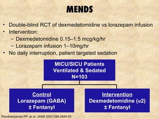 MENDS MICU/SICU Patients Ventilated & Sedated N=103 Control Lorazepam (GABA) ± Fentanyl Intervention Dexmedetomidine ( α 2) ± Fentanyl Pandharipande PP, et al.  JAMA  2007;298:2644-53 Double-blind RCT of dexmedetomidine vs lorazepam infusion Intervention: Dexmedetomidine 0.15–1.5 mcg/kg/hr Lorazepam infusion 1–10mg/hr No daily interruption, patient targeted sedation 