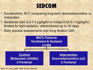 SEDCOM MICU Patients Ventilated & Sedated n=366 Control Midazolam (GABA) ± Fentanyl Intervention Dexmedetomidine ( α 2) ± Fentanyl Riker, R., et al. JAMA 2009; 301(5): 489-499 Double-blind, RCT comparing long-term dexmedetomidine vs midazolam Sedatives (dex 0.2-1.4  μ g/kg/hr or midaz 0.02-0.1 mg/kg/hr) titrated for light sedation, administered up to 30 days  Daily arousal assessments and drug titration Q4h 