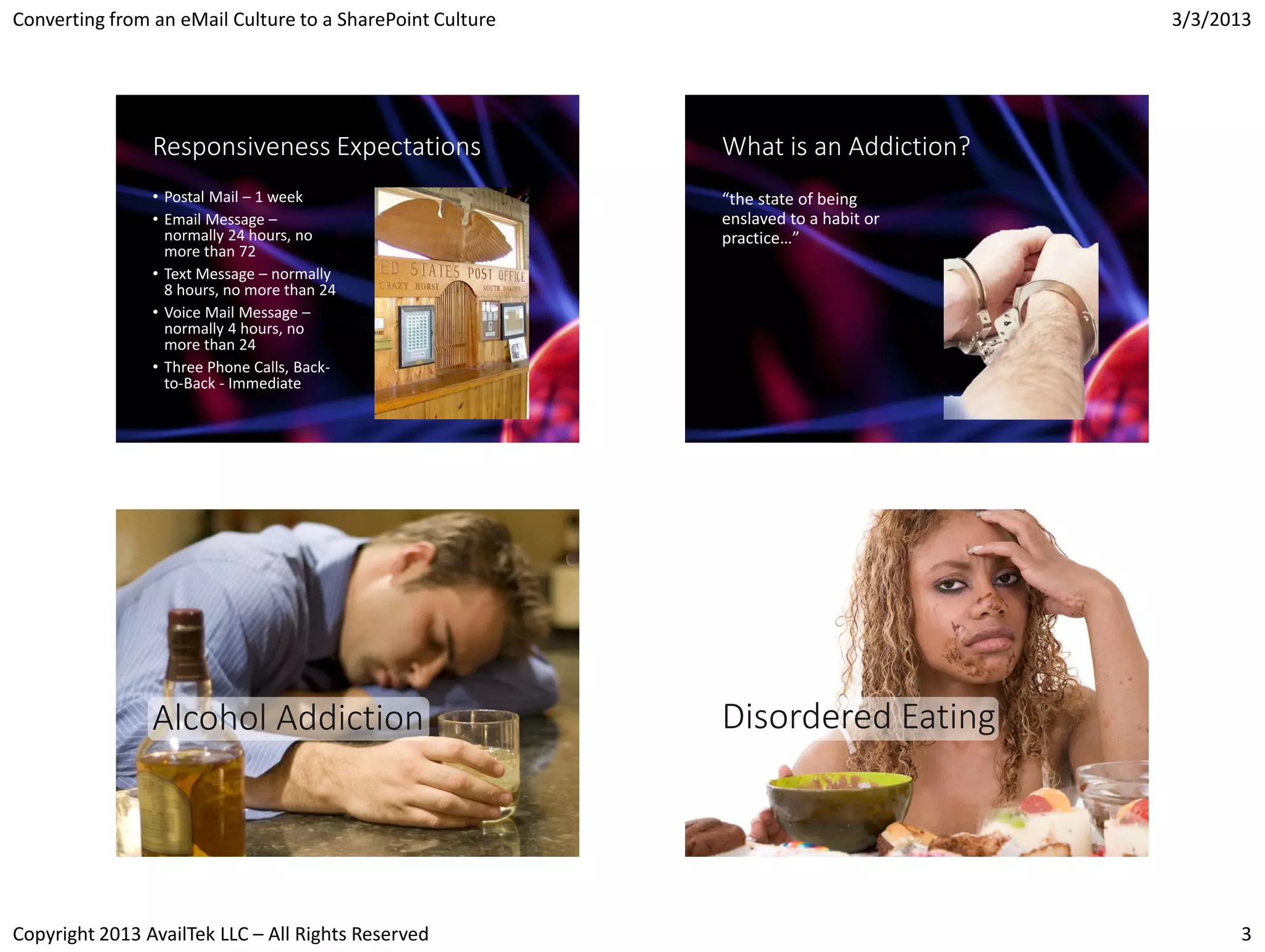 Converting from an eMail Culture to a SharePoint Culture                            3/3/2013




                Responsiveness Expectations                What is an Addiction?
                • Postal Mail – 1 week                     “the state of being
                • Email Message –                          enslaved to a habit or
                  normally 24 hours, no                    practice…”
                  more than 72
                • Text Message – normally
                  8 hours, no more than 24
                • Voice Mail Message –
                  normally 4 hours, no
                  more than 24
                • Three Phone Calls, Back-
                  to-Back - Immediate




                Alcohol Addiction                          Disordered Eating




Copyright 2013 AvailTek LLC – All Rights Reserved                                         3
 