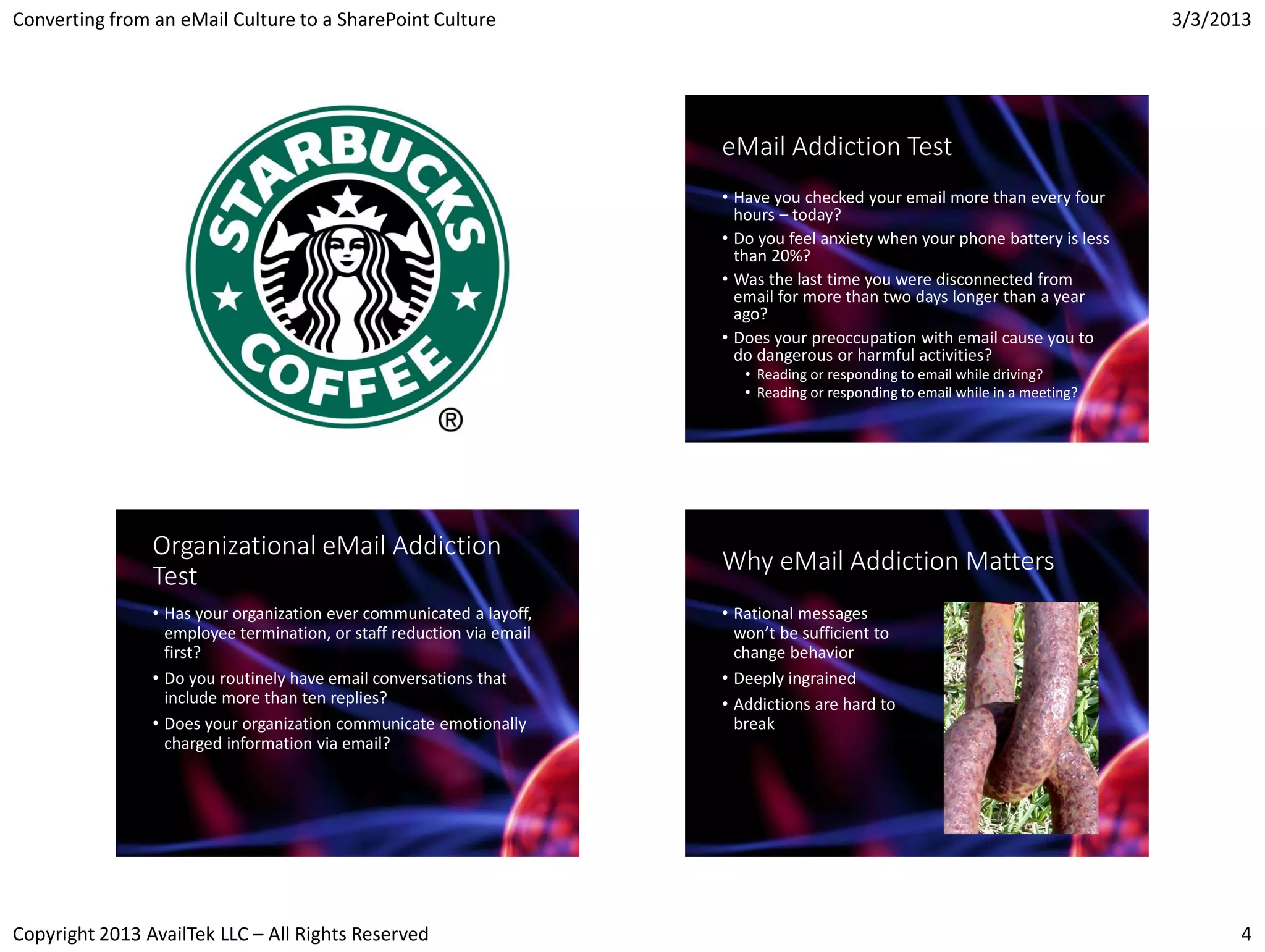 Converting from an eMail Culture to a SharePoint Culture                                                                         3/3/2013




                                                                       eMail Addiction Test
                                                                       • Have you checked your email more than every four
                                                                         hours – today?
                                                                       • Do you feel anxiety when your phone battery is less
                                                                         than 20%?
                                                                       • Was the last time you were disconnected from
                                                                         email for more than two days longer than a year
                                                                         ago?
                                                                       • Does your preoccupation with email cause you to
                                                                         do dangerous or harmful activities?
                                                                          • Reading or responding to email while driving?
                                                                          • Reading or responding to email while in a meeting?




                Organizational eMail Addiction
                                                                       Why eMail Addiction Matters
                Test
                • Has your organization ever communicated a layoff,    • Rational messages
                  employee termination, or staff reduction via email     won’t be sufficient to
                  first?                                                 change behavior
                • Do you routinely have email conversations that       • Deeply ingrained
                  include more than ten replies?                       • Addictions are hard to
                • Does your organization communicate emotionally         break
                  charged information via email?




Copyright 2013 AvailTek LLC – All Rights Reserved                                                                                      4
 
