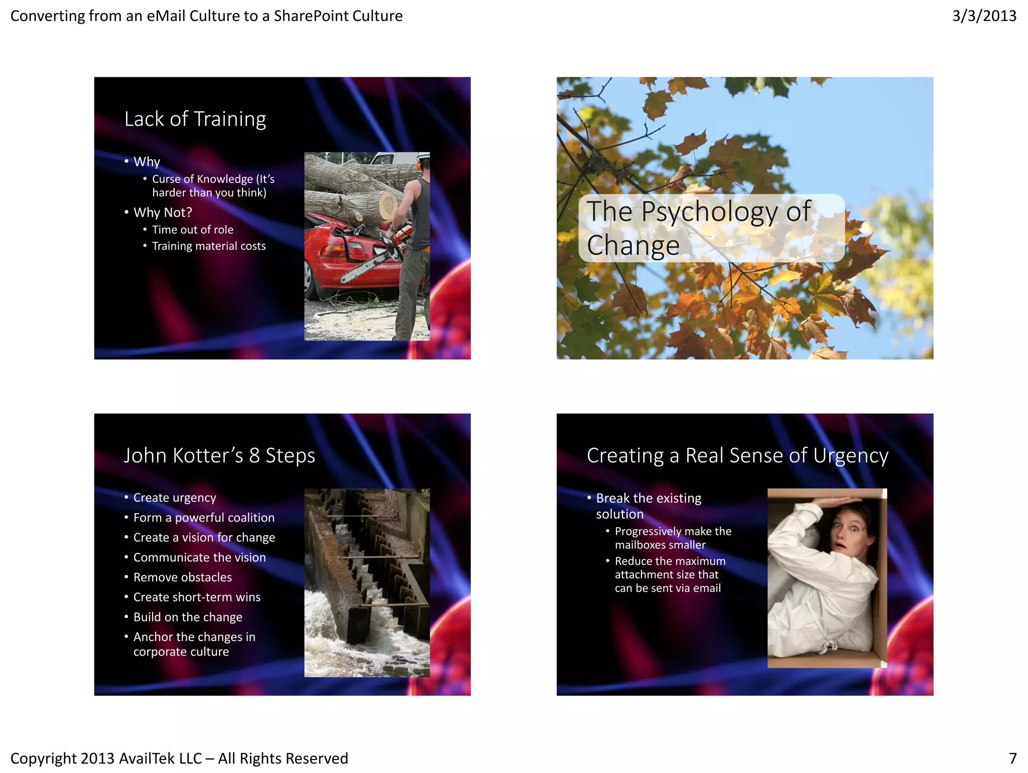 Converting from an eMail Culture to a SharePoint Culture                                      3/3/2013




                Lack of Training
                • Why
                     • Curse of Knowledge (It’s
                       harder than you think)
                • Why Not?
                     • Time out of role
                                                           The Psychology of
                     • Training material costs             Change




                John Kotter’s 8 Steps                      Creating a Real Sense of Urgency
                •   Create urgency                         • Break the existing
                •   Form a powerful coalition                solution
                                                              • Progressively make the
                •   Create a vision for change
                                                                mailboxes smaller
                •   Communicate the vision                    • Reduce the maximum
                •   Remove obstacles                            attachment size that
                                                                can be sent via email
                •   Create short-term wins
                •   Build on the change
                •   Anchor the changes in
                    corporate culture




Copyright 2013 AvailTek LLC – All Rights Reserved                                                   7
 