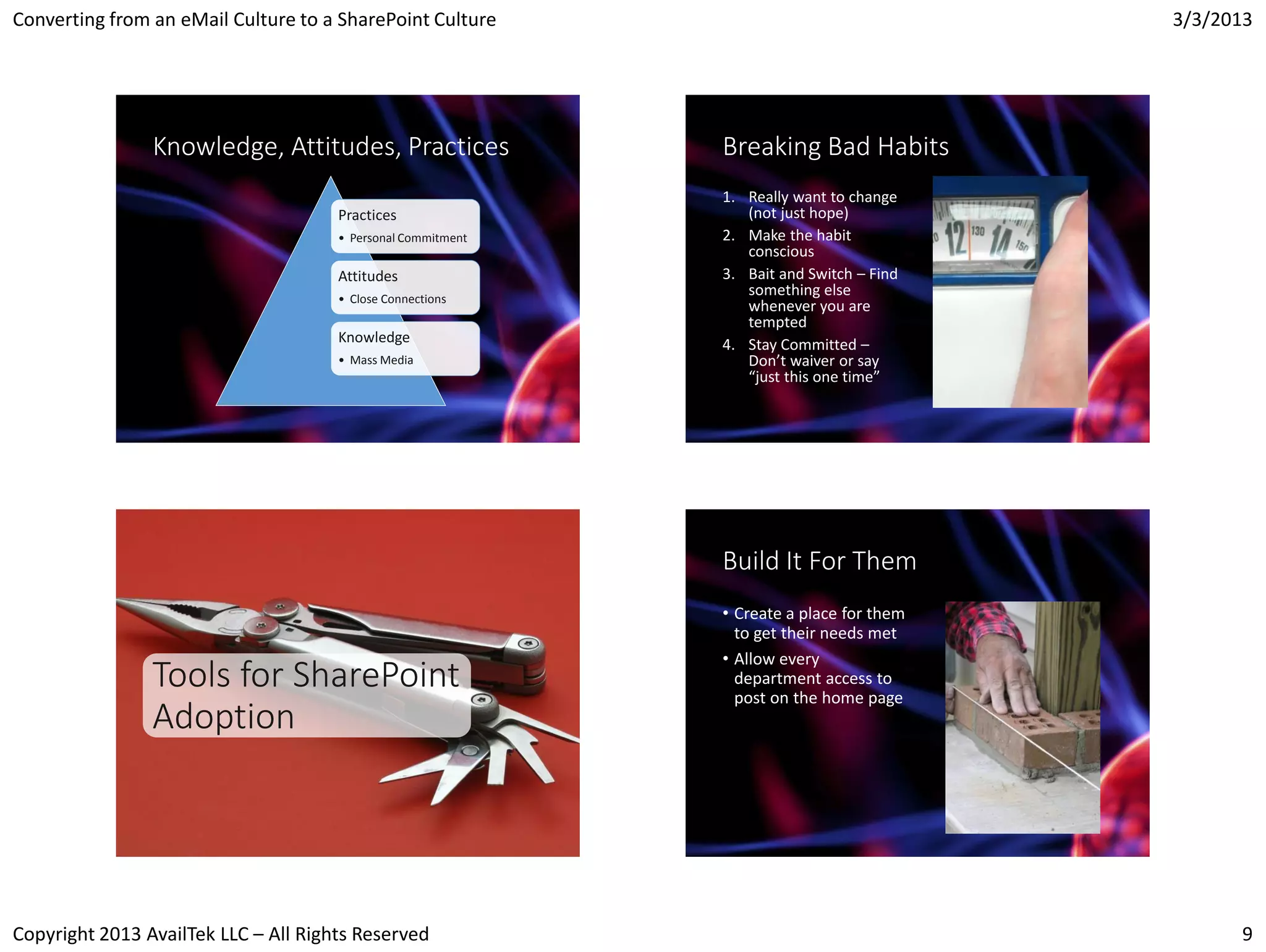 Converting from an eMail Culture to a SharePoint Culture                                  3/3/2013




                Knowledge, Attitudes, Practices               Breaking Bad Habits
                                                              1. Really want to change
                                      Practices                  (not just hope)
                                      • Personal Commitment   2. Make the habit
                                                                 conscious
                                      Attitudes               3. Bait and Switch – Find
                                      • Close Connections
                                                                 something else
                                                                 whenever you are
                                                                 tempted
                                      Knowledge               4. Stay Committed –
                                      • Mass Media               Don’t waiver or say
                                                                 “just this one time”




                                                              Build It For Them
                                                              • Create a place for them
                                                                to get their needs met
                                                              • Allow every
                Tools for SharePoint                            department access to
                                                                post on the home page
                Adoption




Copyright 2013 AvailTek LLC – All Rights Reserved                                               9
 