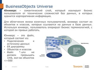 3 07/03/2012 Footer
BusinessObjects Universe
Юниверс – семантический слой, который изолирует бизнес
пользователя от технических сложностей баз данных, в которых
хранится корпоративная информация.
Для облегчения жизни конечных пользователей, юниверс состоит из
объектов и классов, которые ссылаются на данные в базе данных.
Используя юниверс, пользователь оперирует бизнес терминологией, с
которой он привык работать.
Юниверс – это файл,
который состоит из:
• Подключения к
источнику данных
• ER диаграммы
• Объектов и классов
• Файл *.unv не
должен превышать
1mb, кол-во объектов
<=500
 