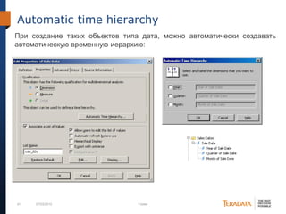 41 07/03/2012 Footer
Automatic time hierarchy
При создание таких объектов типа дата, можно автоматически создавать
автоматическую временную иерархию:
 