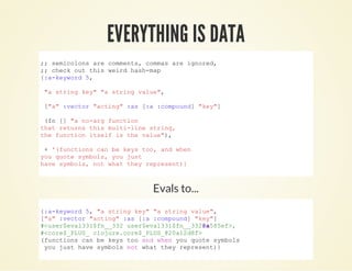 Evals to...
;; semicolons are comments, commas are ignored,
;; check out this weird hash­map
{:a­keyword 5,
 "a string key" "a string value",
 ["a" :vector "acting" :as [:a :compound] "key"]
 (fn [] "a no­arg function
that returns this multi­line string,
the function itself is the value"),
 + '(functions can be keys too, and when
you quote symbols, you just
have symbols, not what they represent)}
          
{:a­keyword 5, "a string key" "a string value",
["a" :vector "acting" :as [:a :compound] "key"]
#<user$eval331$fn__332 user$eval331$fn__332@a585ef>,
#<core$_PLUS_ clojure.core$_PLUS_@20a12d8f>
(functions can be keys too and when you quote symbols
 you just have symbols not what they represent)}
          
EVERYTHING IS DATAEVERYTHING IS DATA
 