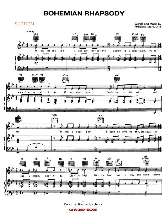 Queen Bohemian Rhapsody Sheet Music in Bb | PDF Download Trasposable  Printable Piano/Guitar/Vocals Score
