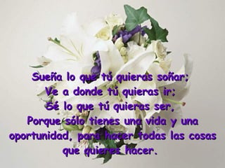 Sueña lo que tú quieras soñar;  Ve a donde tú quieras ir;  Sé lo que tú quieras ser,  Porque sólo tienes una vida y una oportunidad, para hacer todas las cosas que quieres hacer .  