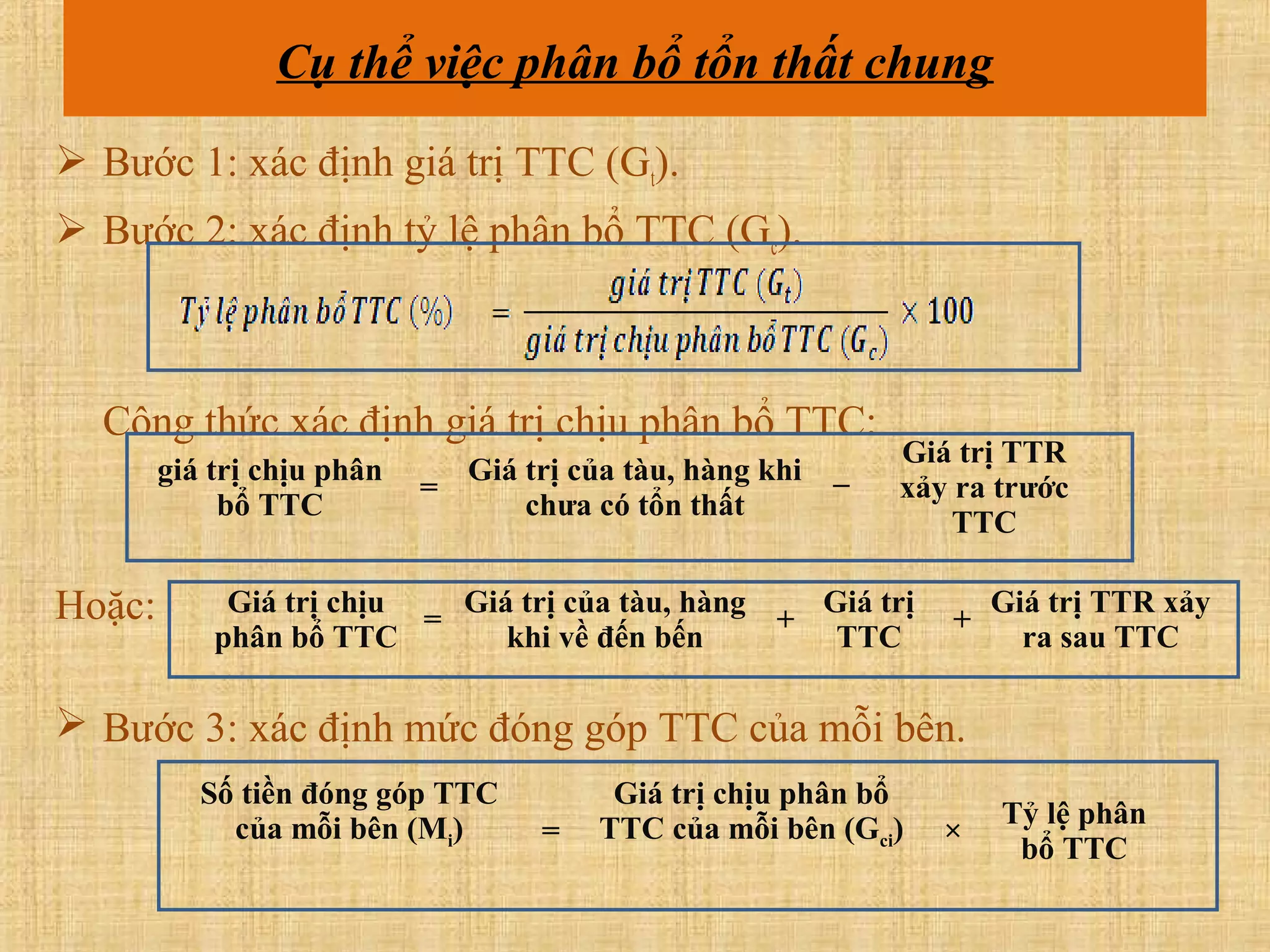Cụ thể việc phân bổ tổn thất chung
 Bước 1: xác định giá trị TTC (Gt).
 Bước 2: xác định tỷ lệ phân bổ TTC (Gc).



  Công thức xác định giá trị chịu phân bổ TTC:
                                                              Giá trị TTR
        giá trị chịu phân     Giá trị của tàu, hàng khi   _
                            =                                 xảy ra trước
             bổ TTC               chưa có tổn thất
                                                                  TTC

Hoặc:        Giá trị chịu
                          =
                            Giá trị của tàu, hàng
                                                  +
                                                    Giá trị
                                                                 +
                                                                     Giá trị TTR xảy
            phân bổ TTC        khi về đến bến        TTC               ra sau TTC

 Bước 3: xác định mức đóng góp TTC của mỗi bên.
           Số tiền đóng góp TTC          Giá trị chịu phân bổ
             của mỗi bên (Mi)           TTC của mỗi bên (Gci)        Tỷ lệ phân
                                    =                            ×
                                                                      bổ TTC
 