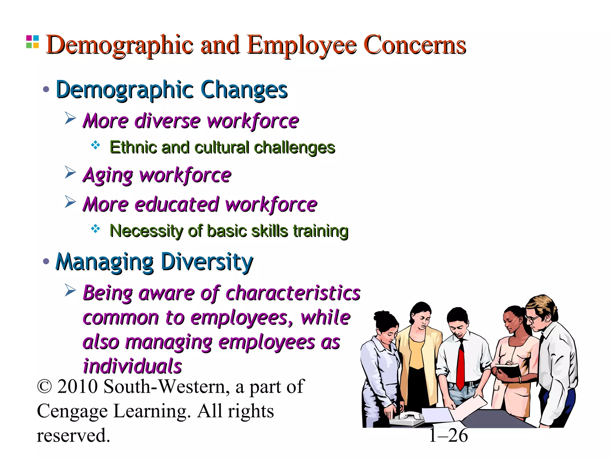 Demographic and Employee Concerns
• Demographic Changes
    More diverse workforce
        Ethnic and cultural challenges
   Aging workforce
   More educated workforce
        Necessity of basic skills training
 • Managing Diversity
    Being aware of characteristics
      common to employees, while
      also managing employees as
      individuals
© 2010 South-Western, a part of
Cengage Learning. All rights
reserved.                                     1–26
 