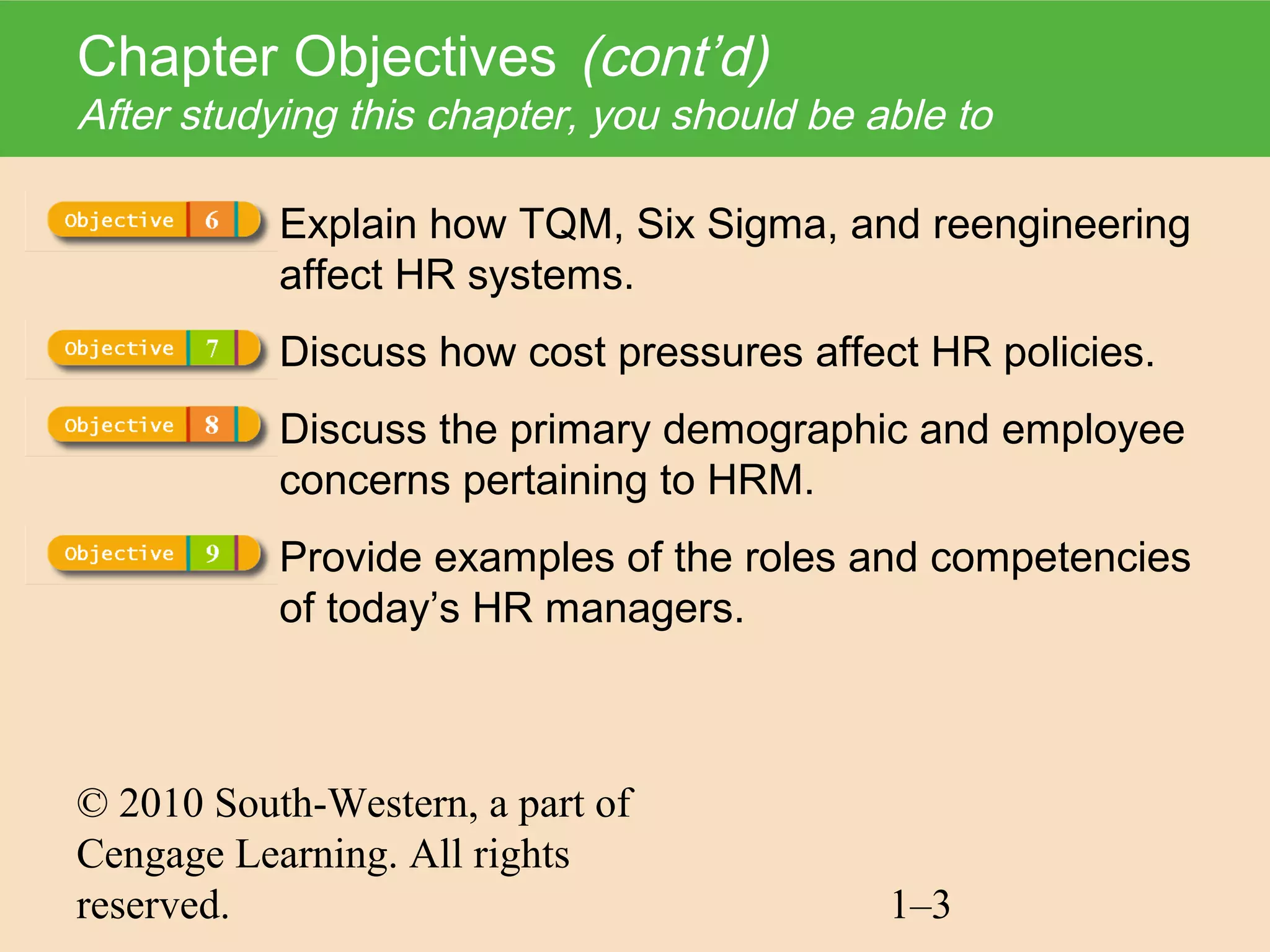 Chapter Objectives (cont’d)
After studying this chapter, you should be able to

           Explain how TQM, Six Sigma, and reengineering
           affect HR systems.
           Discuss how cost pressures affect HR policies.
           Discuss the primary demographic and employee
           concerns pertaining to HRM.
           Provide examples of the roles and competencies
           of today’s HR managers.



© 2010 South-Western, a part of
Cengage Learning. All rights
reserved.                                   1–3
 