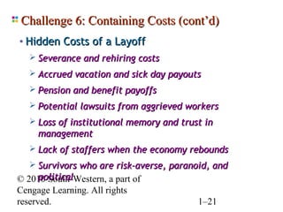 Challenge 6: Containing Costs (cont’d)
• Hidden Costs of a Layoff
    Severance and rehiring costs
    Accrued vacation and sick day payouts
    Pension and benefit payoffs
    Potential lawsuits from aggrieved workers
    Loss of institutional memory and trust in
     management
    Lack of staffers when the economy rebounds
    Survivors who are risk-averse, paranoid, and
      political
© 2010 South-Western, a part of
Cengage Learning. All rights
reserved.                                 1–21
 