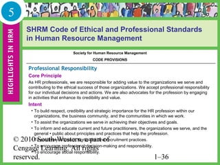 5
    SHRM Code of Ethical and Professional Standards
    in Human Resource Management
                           Society for Human Resource Management
                                      CODE PROVISIONS

    Professional Responsibility
    Core Principle
    As HR professionals, we are responsible for adding value to the organizations we serve and
    contributing to the ethical success of those organizations. We accept professional responsibility
    for our individual decisions and actions. We are also advocates for the profession by engaging
    in activities that enhance its credibility and value.
    Intent
     • To build respect, credibility and strategic importance for the HR profession within our
       organizations, the business community, and the communities in which we work.
     • To assist the organizations we serve in achieving their objectives and goals.
     • To inform and educate current and future practitioners, the organizations we serve, and the
       general • public about principles and practices that help the profession.
© 2010 South-Western, a part of
     • To positively influence workplace and recruitment practices.
     • To encourage professional decision-making and responsibility.
Cengage Learning. All rights
     • To encourage social responsibility.
reserved.                                                              1–36
 