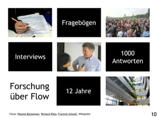 Fragebögen



                                                                        1000
    Interviews
                                                                      Antworten


Forschung                                     12 Jahre
über Flow
Fotos: Paloma Baytelman, Richard Riley, Francois Schnell, Wikipedia               10
 