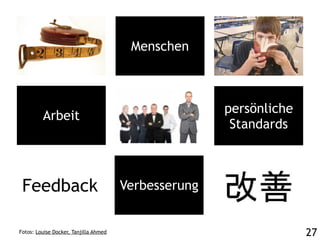 Menschen



                                                      persönliche
         Arbeit
                                                       Standards



 Feedback                              Verbesserung


Fotos: Louise Docker, Tanjilla Ahmed                                27
 