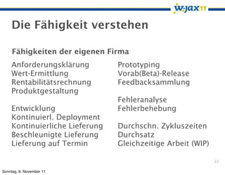 Die Fähigkeit verstehen

     Fähigkeiten der eigenen Firma
    Anforderungsklärung         Prototyping
    Wert-Ermittlung             Vorab(Beta)-Release
    Rentabilitätsrechnung       Feedbacksammlung
    Produktgestaltung
                                Fehleranalyse
    Entwicklung                 Fehlerbehebung
    Kontinuierl. Deployment
    Kontinuierliche Lieferung   Durchschn. Zykluszeiten
    Beschleunigte Lieferung     Durchsatz
    Lieferung auf Termin        Gleichzeitige Arbeit (WIP)

                                                             22

Sonntag, 6. November 11
 