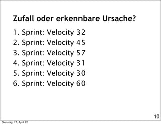 Zufall oder erkennbare Ursache?
         1.      Sprint:   Velocity   32
         2.      Sprint:   Velocity   45
         3.      Sprint:   Velocity   57
         4.      Sprint:   Velocity   31
         5.      Sprint:   Velocity   30
         6.      Sprint:   Velocity   60



                                           10
Dienstag, 17. April 12
 