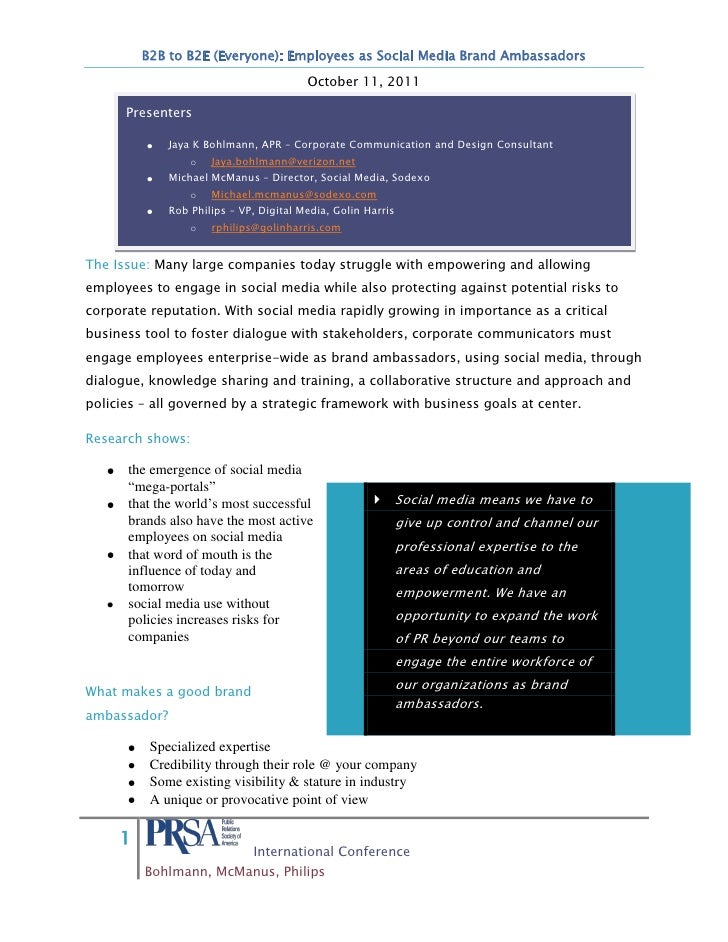 B2B to B2E (Everyone): Employees as Social Media Brand Ambassadors                                         October 11, 201...