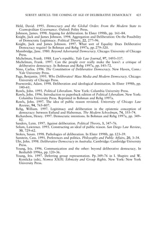 SURVEY ARTICLE: THE COMING OF AGE OF DELIBERATIVE DEMOCRACY

425

Held, David. 1995. Democracy and the Global Order: From the Modern State to
Cosmopolitan Governance. Oxford: Polity Press.
Johnson, James. 1998. Arguing for deliberation. In Elster 1998b, pp. 161±84.
Knight, Jack and James Johnson. 1994. Aggregation and Deliberation: On the Possibility
of Democratic Legitimacy. Political Theory, 22, 277±96.
Knight, Jack and James Johnson. 1997. What sort of Equality Does Deliberative
Democracy require? In Bohman and Rehg 1997a, pp. 279±320.
Mansbridge, Jane. 1980. Beyond Adversarial Democracy. Chicago: University of Chicago
Press.
Michelman, Frank. 1988. Law's republic. Yale Law Journal, 97, 1493±537.
Michelman, Frank. 1997. Can the people ever really make the laws?: a critique of
deliberative democracy. In Bohman and Rehg 1997a, pp. 145±72.
Nino, Carlos. 1996. The Constitution of Deliberative Democracy. New Haven, Conn.:
Yale University Press.
Page, Benjamin. 1995. Who Deliberates? Mass Media and Modern Democracy. Chicago:
University of Chicago Press.
Przeworski, Adam. 1998. Deliberation and ideological domination. In Elster 1998b, pp.
140±61.
Rawls, John. 1993. Political Liberalism. New York: Columbia University Press.
Rawls, John. 1996. Introduction to paperback edition of Political Liberalism. New York:
Columbia University Press. Reprinted in Bohman and Rehg 1997a.
Rawls, John. 1997. The idea of public reason revisited. University of Chicago Law
Review, 94, 765±807.
Rehg, William. 1997. Legitimacy and deliberation in the epistemic conception of
democracy: between Estlund and Habermas. The Modern Schoolman, 74, 355±74.
Richardson, Henry. 1997. Democratic intentions. In Bohman and Rehg 1997a, pp. 349±
82.
Sanders, Lynn. 1997. Against deliberation. Political Theory, 3, 347±76.
Solum, Lawrence. 1993. Constructing an ideal of public reason. San Diego Law Review,
30, 729±62.
Stokes, Susan. 1998. Pathologies of deliberation. In Elster 1998b, pp. 123±39.
Sunstein, Cass. 1991. Preferences and politics. Philosophy and Public Affairs, 20, 3±34.
Uhr, John. 1998. Deliberative Democracy in Australia. Cambridge: Cambridge University
Press.
Young, Iris. 1996. Communication and the other: beyond deliberative democracy. In
Benhabib 1996a, pp. 120±36.
Young, Iris. 1997. Deferring group representation. Pp. 349±76 in I. Shapiro and W.
Kymlicka (eds), Nomos XXIX: Ethnicity and Group Rights. New York: New York
University Press.

 