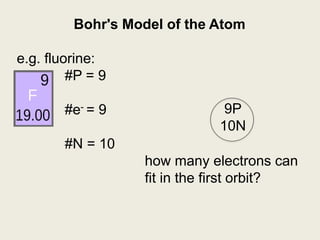 Bohr's Model of the Atom
e.g. fluorine:
#P = 9
#e- = 9
#N = 10
how many electrons can
fit in the first orbit?
9P
10N
 
