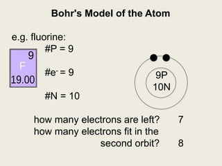 Bohr's Model of the Atom
e.g. fluorine:
#P = 9
#e- = 9
#N = 10
how many electrons are left? 7
how many electrons fit in the
second orbit? 8
9P
10N
 