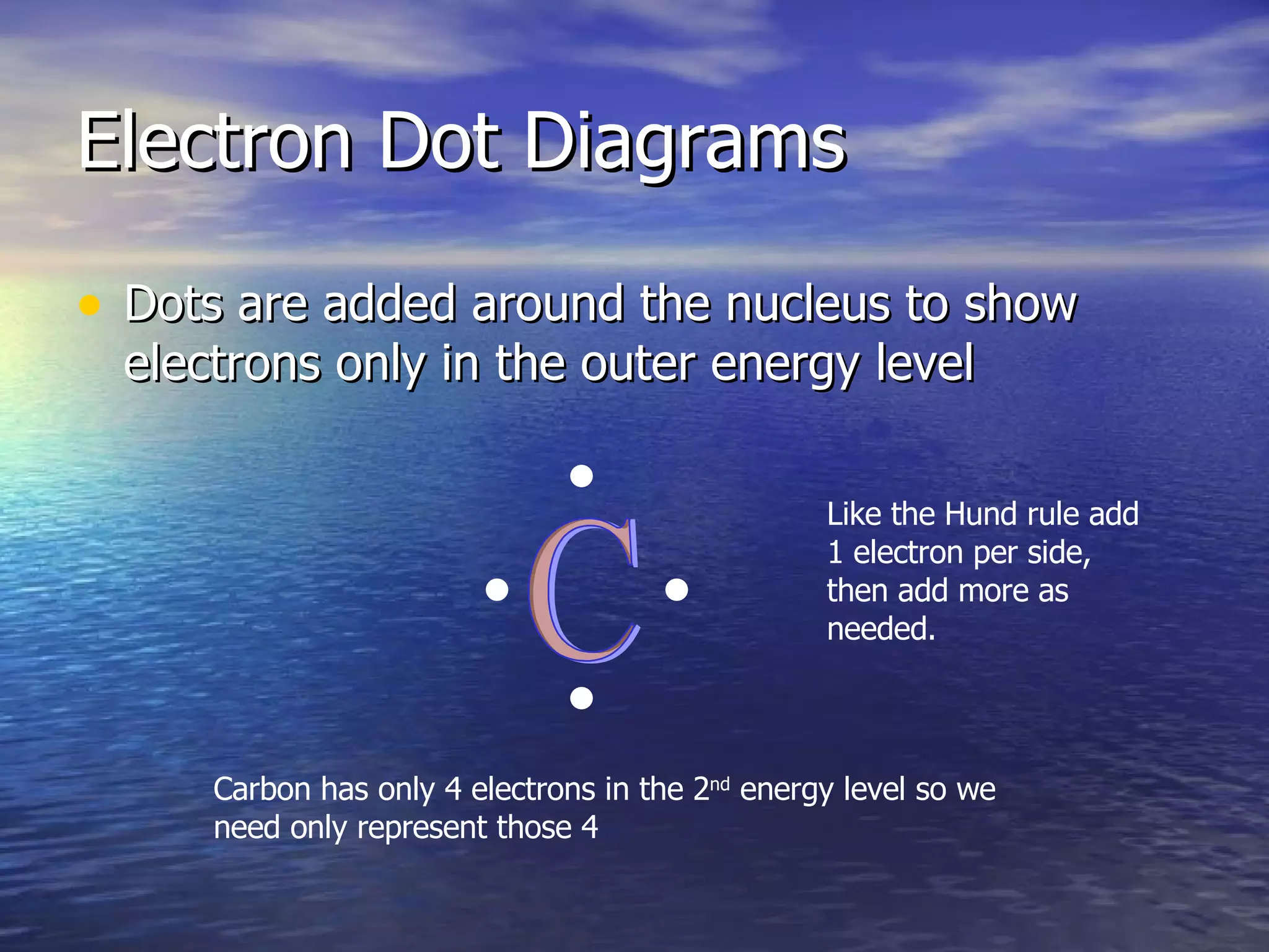 Electron Dot Diagrams Dots are added around the nucleus to show electrons only in the outer energy level C Carbon has only 4 electrons in the 2 nd  energy level so we need only represent those 4 Like the Hund rule add 1 electron per side, then add more as needed. 
