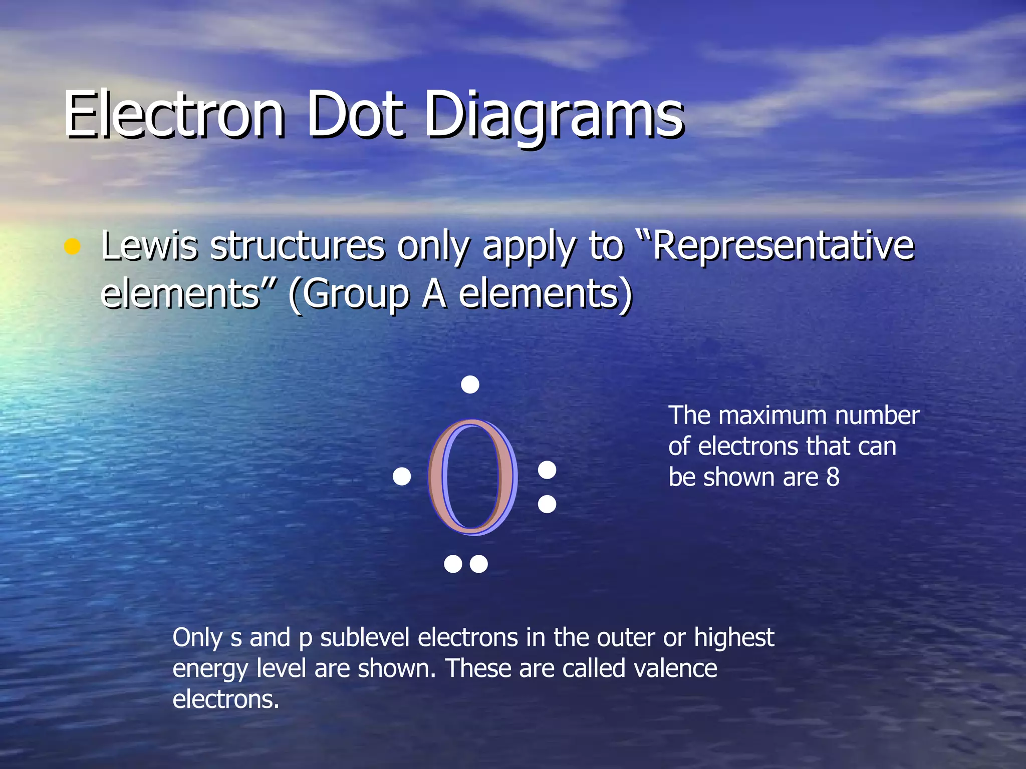 Electron Dot Diagrams Lewis structures only apply to “Representative elements” (Group A elements) O The maximum number of electrons that can be shown are 8 Only s and p sublevel electrons in the outer or highest energy level are shown. These are called valence electrons. 