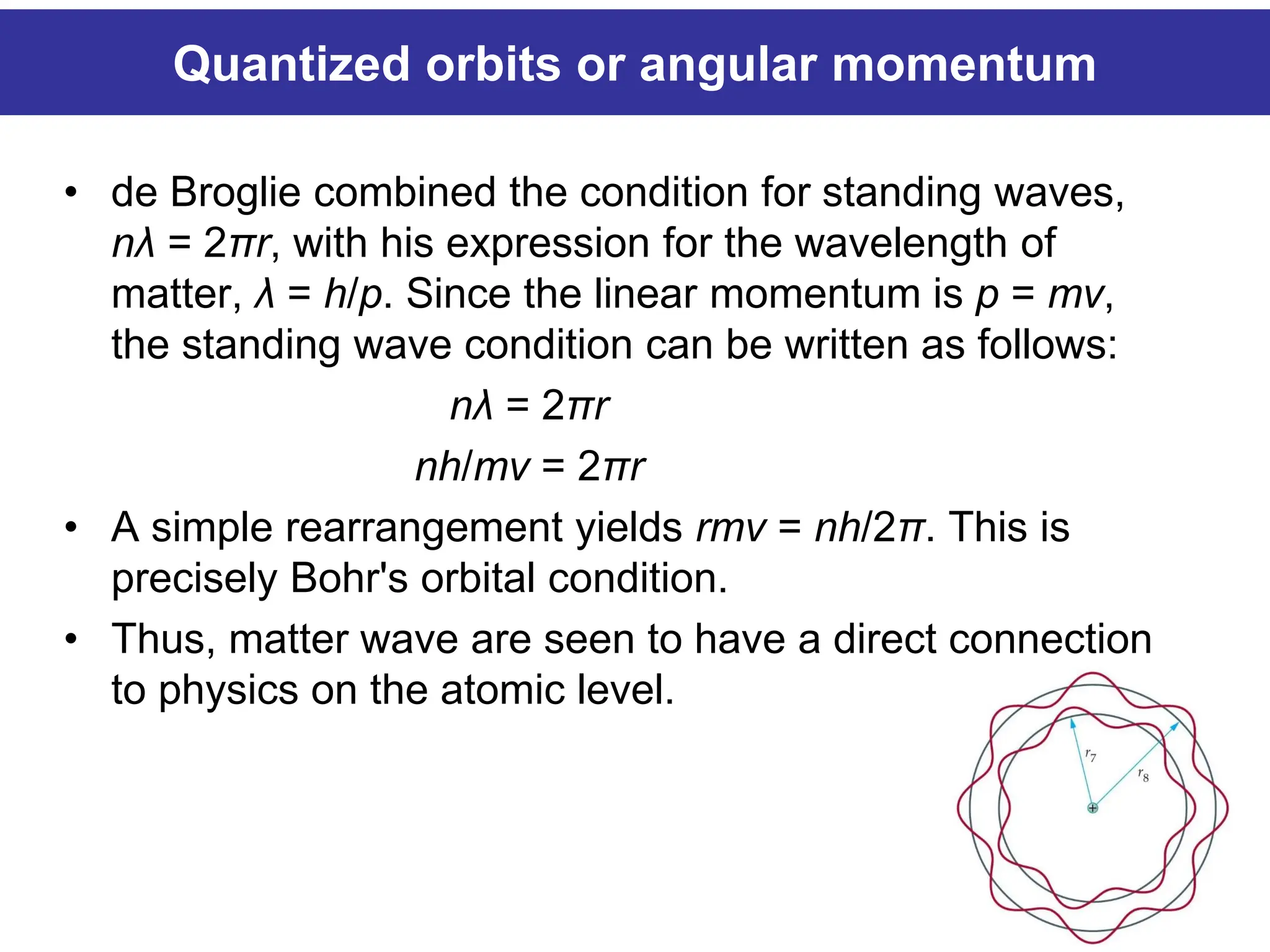 • de Broglie combined the condition for standing waves,
nλ = 2πr, with his expression for the wavelength of
matter, λ = h/p. Since the linear momentum is p = mv,
the standing wave condition can be written as follows:
nλ = 2πr
nh/mv = 2πr
• A simple rearrangement yields rmv = nh/2π. This is
precisely Bohr's orbital condition.
• Thus, matter wave are seen to have a direct connection
to physics on the atomic level.
Quantized orbits or angular momentum
 