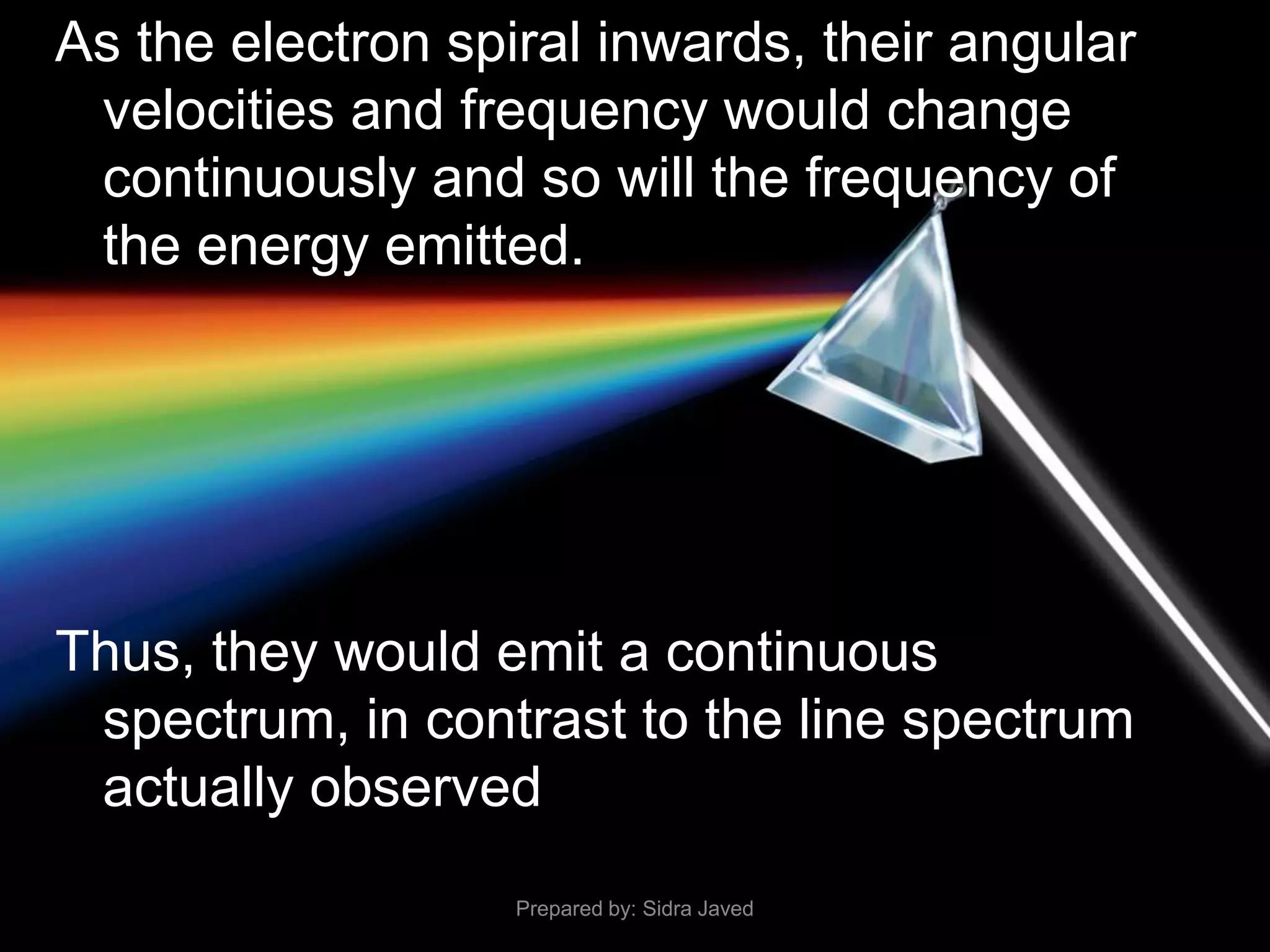 As the electron spiral inwards, their angular
velocities and frequency would change
continuously and so will the frequency of
the energy emitted.
Thus, they would emit a continuous
spectrum, in contrast to the line spectrum
actually observed.
Prepared by: Sidra Javed
 