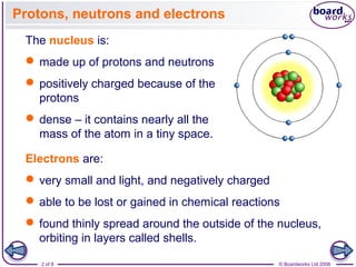 © Boardworks Ltd 20082 of 8
The nucleus is:
 made up of protons and neutrons
 positively charged because of the
protons
 dense – it contains nearly all the
mass of the atom in a tiny space.
Electrons are:
 very small and light, and negatively charged
 able to be lost or gained in chemical reactions
 found thinly spread around the outside of the nucleus,
orbiting in layers called shells.
Protons, neutrons and electrons
 