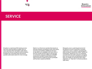 Dropbox is a web-based file hosting service
that uses cloud storage to enable users to
store and share files and folders with others
across the internet, using file synchronization.
Dropbox has a free basic plan and several
payable subscription plans for more storage.
ZipCar is an American membership-based car
sharing company, providing an easy reservation
service to its members, billable by the hour
or day. With cars available in all main cities in
the US, Canada and UK, ZipCar also focuses
on university campuses. With over 650.000
community members (called Zipsters), the
ZipCar business model has proven profitable
and has been copied worldwide.
Manpacks.com is a web-based service for
the delivery of men’s essentials, including
underwear, razors, condoms, grooming and
other products. Sometimes called “Netflix for
Underwear”, deliveries occur on scheduled
3-month intervals with customers managing
their service via internal dashboards where
they can modify an upcoming order, delay
shipments, or “ship now” to receive products
right away.
SERVICE
15555
5
5
 