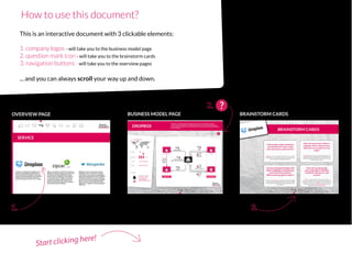 This is an interactive document with 3 clickable elements:
1. company logos - will take you to the business model page
2. question mark icon - will take you to the brainstorm cards
3. navigation buttons - will take you to the overview pages
... and you can always scroll your way up and down.
Start clicking here!
How to use this document?
OVERVIEW PAGE BUSINESS MODEL PAGE BRAINSTORM CARDS
15555
5
5
 