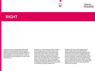 Landshare.net is a matchmaking web-based
project to facilitate garden sharing. Garden
sharing is a local food and urban arrangement
where landowners allows a gardener access to
land, typically a front or back yard, in order to
grow food. In return landowners receive a part
of the harvest.
Starbucks is an international coffee company
and the largest chain of coffee shops in the
world. Some of the stores operate through
a franchise model, others are part of a joint
venture with other companies. Due to their
respect for fair trade and special initiatives
such as “My Starbucks idea”, partnerships with
Apple’s iTunes and their own morning news
program, Starbucks was able to transform the
perception of drinking coffee from purchasing
a commodity to being an experience.
Symbid is the first crowd funding “equity-
based” online investment platform that
enables individuals to become partial owners
of exciting new companies. Symbid offers its
services to partners in a so called white label
product. However, Symbid will always remain
the contractual partner for all crowdfunding
services offered to the public. When a financial
goal is reached, all investors are grouped in one
legal identity, acting as a single shareholder
within your company.
RIGHT
15555
5
5
 