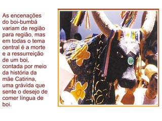 As encenações do boi-bumbá variam de região para região, mas em todas o tema central é a morte e a ressurreição de um boi, contada por meio da história da mãe Catirina, uma grávida que sente o desejo de comer língua de boi. 