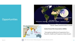 Opportunities
Source: www.containersindia.in (2016)
'Strengthening Maritime Cooperation for a
Peaceful, Stable and Prosperous Indian Ocean'.
Indian Ocean Rim Association (IORA)
35CINEC Maritime Campus- Malabe, Nugegoda, Trincomalee, Jafna, Fiji, Seashells6/4/2020
 
