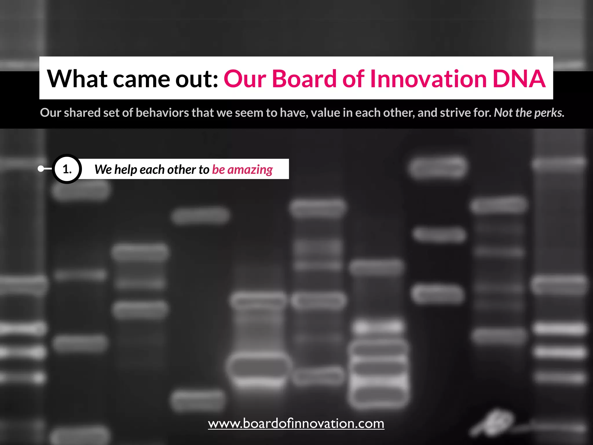 We help each other to be amazing1.
What came out: Our Board of Innovation DNA
Our shared set of behaviors that we seem to have, value in each other, and strive for.
www.boardoﬁnnovation.com
 