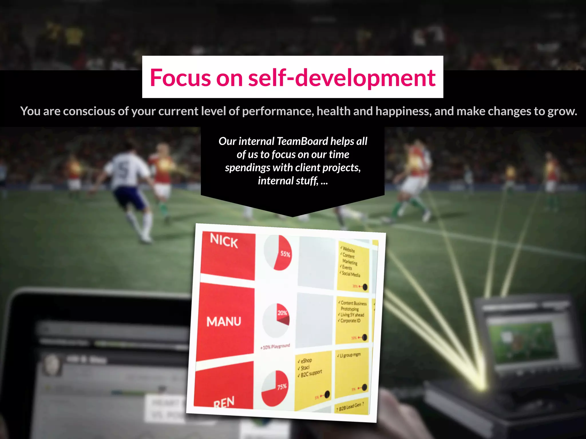 Focus on self-development
You are conscious of your current level of performance, health and happiness, and make changes to grow.
Our internal TeamBoard helps all
of us to focus on our time
spendings with client projects,
internal stuff, ...
 