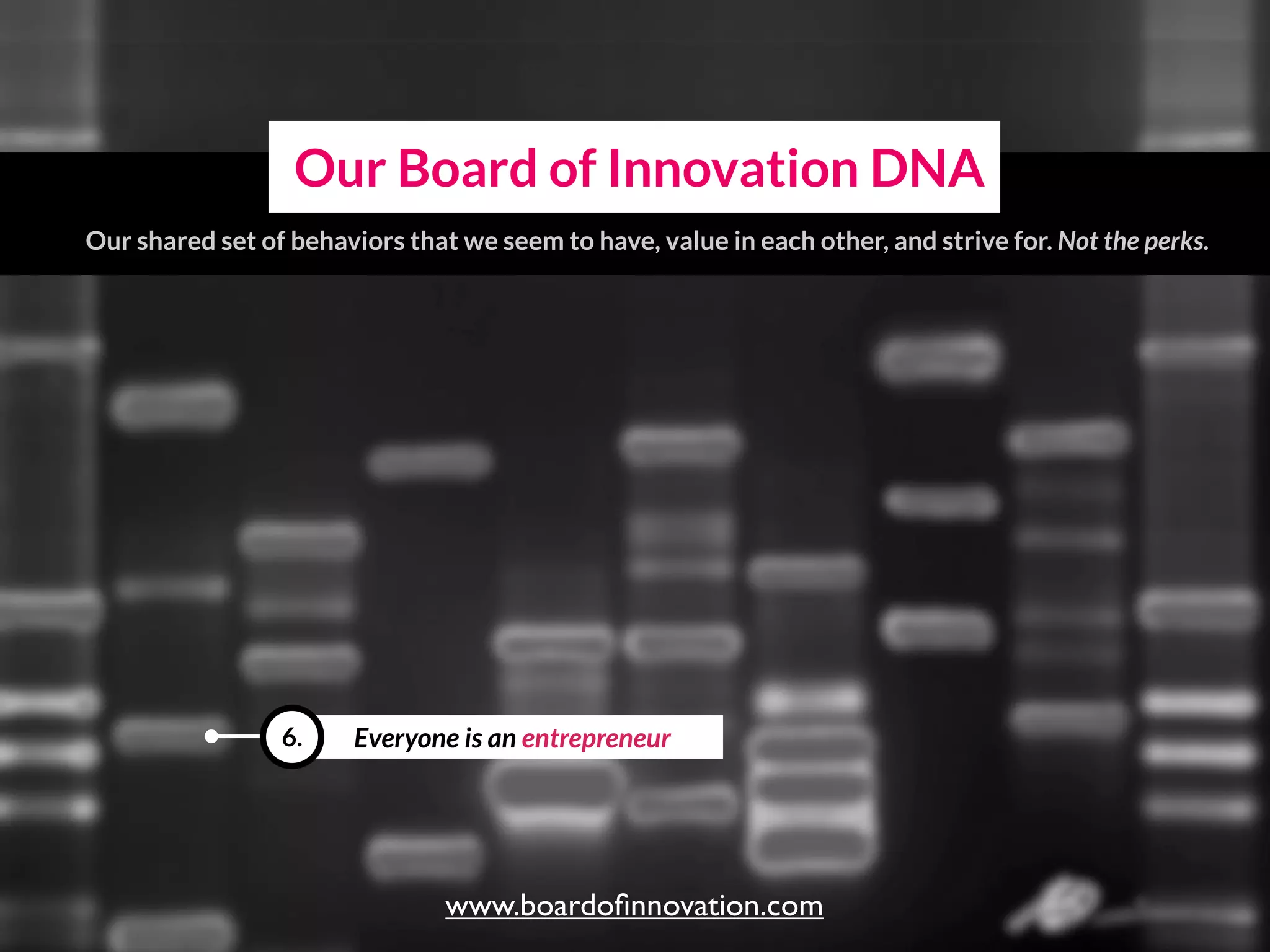 Everyone is an entrepreneur6.
Our Board of Innovation DNA
Our shared set of behaviors that we seem to have, value in each other, and strive for.
www.boardoﬁnnovation.com
 