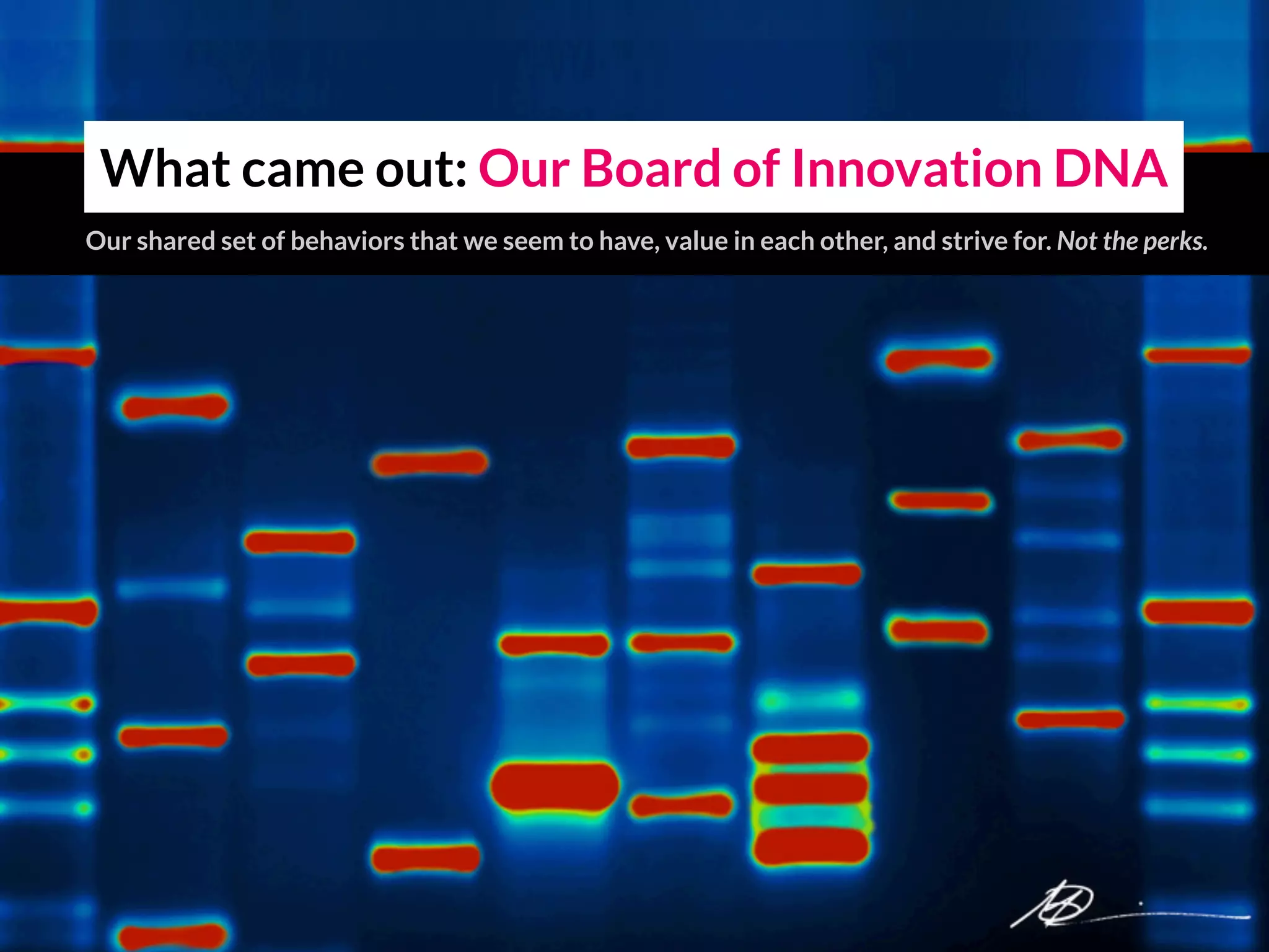 What came out: Our Board of Innovation DNA
Our shared set of behaviors that we seem to have, value in each other, and strive for.
 