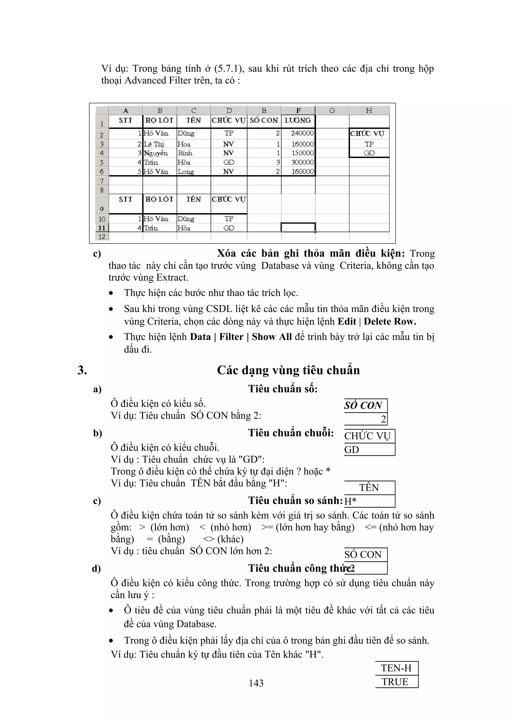 Ví dụ: Trong bảng tính ở (5.7.1), sau khi rút trích theo các địa chỉ trong hộp
thoại Advanced Filter trên, ta có :

Xóa các bản ghi thỏa mãn điều kiện : Trong

c)

thao tác này chỉ cần tạo trước vùng Database và vùng Criteria, không cần tạo
trước vùng Extract.
• Thực hiện các bước như thao tác trích lọc.
•
•

3.

Sau khi trong vùng CSDL liệt kê các các mẫu tin thỏa mãn điều kiện trong
vùng Criteria, chọn các dòng này và thực hiện lệnh Edit | Delete Row.
Thực hiện lệnh Data | Filter | Show All để trình bày trở lại các mẫu tin bị
dấu đi.

Các dạng vùng tiêu chuẩn
a)

Tiêu chuẩn số:
Ô điều kiện có kiểu số.
Ví dụ: Tiêu chuẩn SỐ CON bằng 2:

b)

Tiêu chuẩn chuỗi: CHỨC VỤ
Ô điều kiện có kiểu chuỗi.
Ví dụ : Tiêu chuẩn chức vụ là "GD":
Trong ô điều kiện có thể chứa ký tự đại diện ? hoặc *
Ví dụ: Tiêu chuẩn TÊN bắt đầu bằng "H":

c)

SỐ CON
2
GD

TÊN

Tiêu chuẩn so sánh: H*
Ô điều kiện chứa toán tử so sánh kèm với giá trị so sánh. Các toán tử so sánh
gồm: > (lớn hơn) < (nhỏ hơn) >= (lớn hơn hay bằng) <= (nhỏ hơn hay
bằng) = (bằng)
<> (khác)
Ví dụ : tiêu chuẩn SỐ CON lớn hơn 2:
SỐ CON

d)

>2
Tiêu chuẩn công thức:
Ô điều kiện có kiểu công thức. Trong trường hợp có sử dụng tiêu chuẩn này
cần lưu ý :
• Ô tiêu đề của vùng tiêu chuẩn phải là một tiêu đề khác với tất cả các tiêu
đề của vùng Database.
• Trong ô điều kiện phải lấy địa chỉ của ô trong bản ghi đầu tiên để so sánh.
Ví dụ: Tiêu chuẩn ký tự đầu tiên của Tên khác "H".
TEN-H
TRUE
143

 