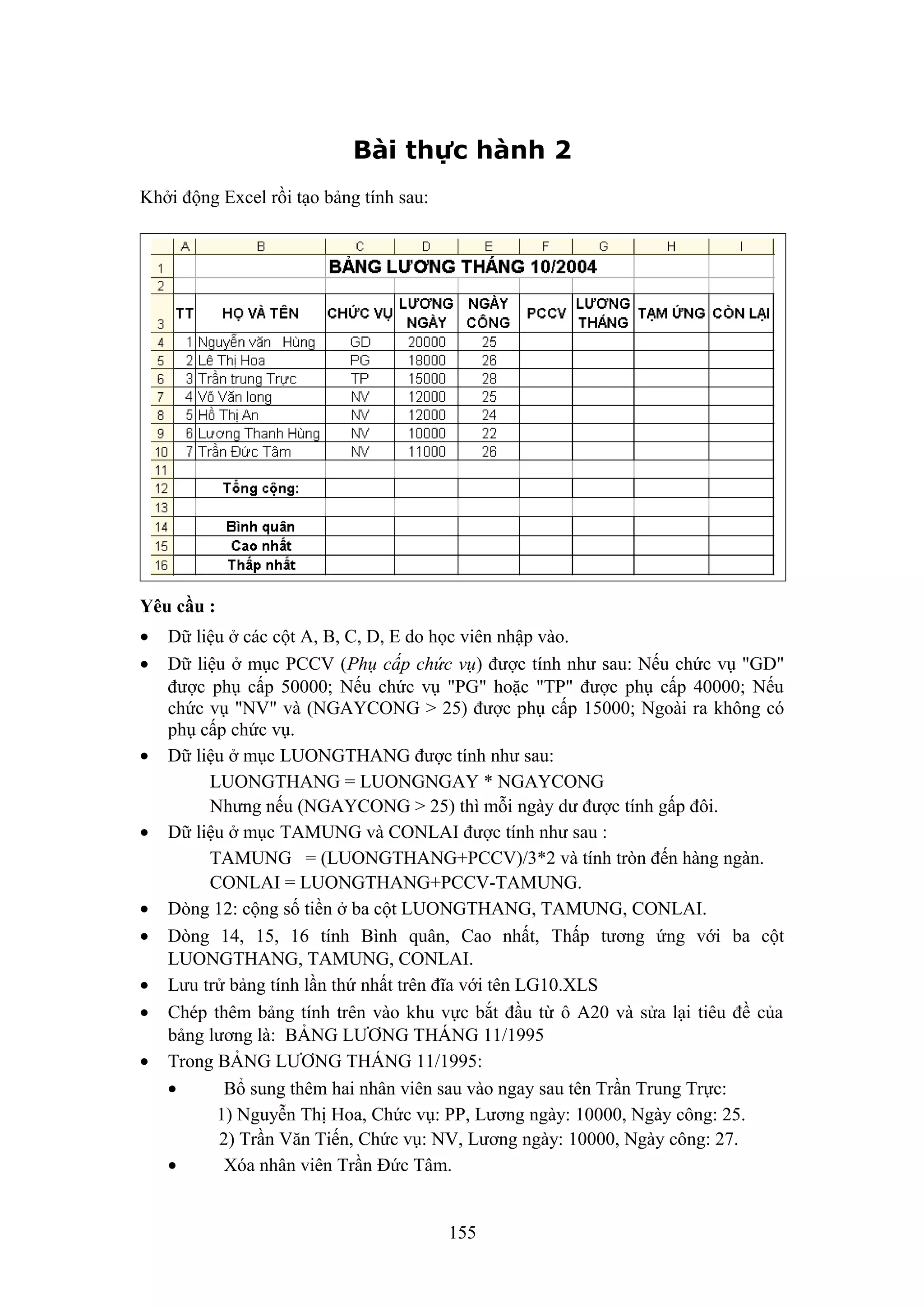 Bài thực hành 2
Khởi động Excel rồi tạo bảng tính sau:

Yêu cầu :
•
•

•

•

•
•
•
•
•

Dữ liệu ở các cột A, B, C, D, E do học viên nhập vào.
Dữ liệu ở mục PCCV (Phụ cấp chức vụ) được tính như sau: Nếu chức vụ "GD"
được phụ cấp 50000; Nếu chức vụ "PG" hoặc "TP" được phụ cấp 40000; Nếu
chức vụ "NV" và (NGAYCONG > 25) được phụ cấp 15000; Ngoài ra không có
phụ cấp chức vụ.
Dữ liệu ở mục LUONGTHANG được tính như sau:
LUONGTHANG = LUONGNGAY * NGAYCONG
Nhưng nếu (NGAYCONG > 25) thì mỗi ngày dư được tính gấp đôi.
Dữ liệu ở mục TAMUNG và CONLAI được tính như sau :
TAMUNG = (LUONGTHANG+PCCV)/3*2 và tính tròn đến hàng ngàn.
CONLAI = LUONGTHANG+PCCV-TAMUNG.
Dòng 12: cộng số tiền ở ba cột LUONGTHANG, TAMUNG, CONLAI.
Dòng 14, 15, 16 tính Bình quân, Cao nhất, Thấp tương ứng với ba cột
LUONGTHANG, TAMUNG, CONLAI.
Lưu trử bảng tính lần thứ nhất trên đĩa với tên LG10.XLS
Chép thêm bảng tính trên vào khu vực bắt đầu từ ô A20 và sửa lại tiêu đề của
bảng lương là: BẢNG LƯƠNG THÁNG 11/1995
Trong BẢNG LƯƠNG THÁNG 11/1995:
•
Bổ sung thêm hai nhân viên sau vào ngay sau tên Trần Trung Trực:
1) Nguyễn Thị Hoa, Chức vụ: PP, Lương ngày: 10000, Ngày công: 25.
2) Trần Văn Tiến, Chức vụ: NV, Lương ngày: 10000, Ngày công: 27.
•
Xóa nhân viên Trần Đức Tâm.
155

 