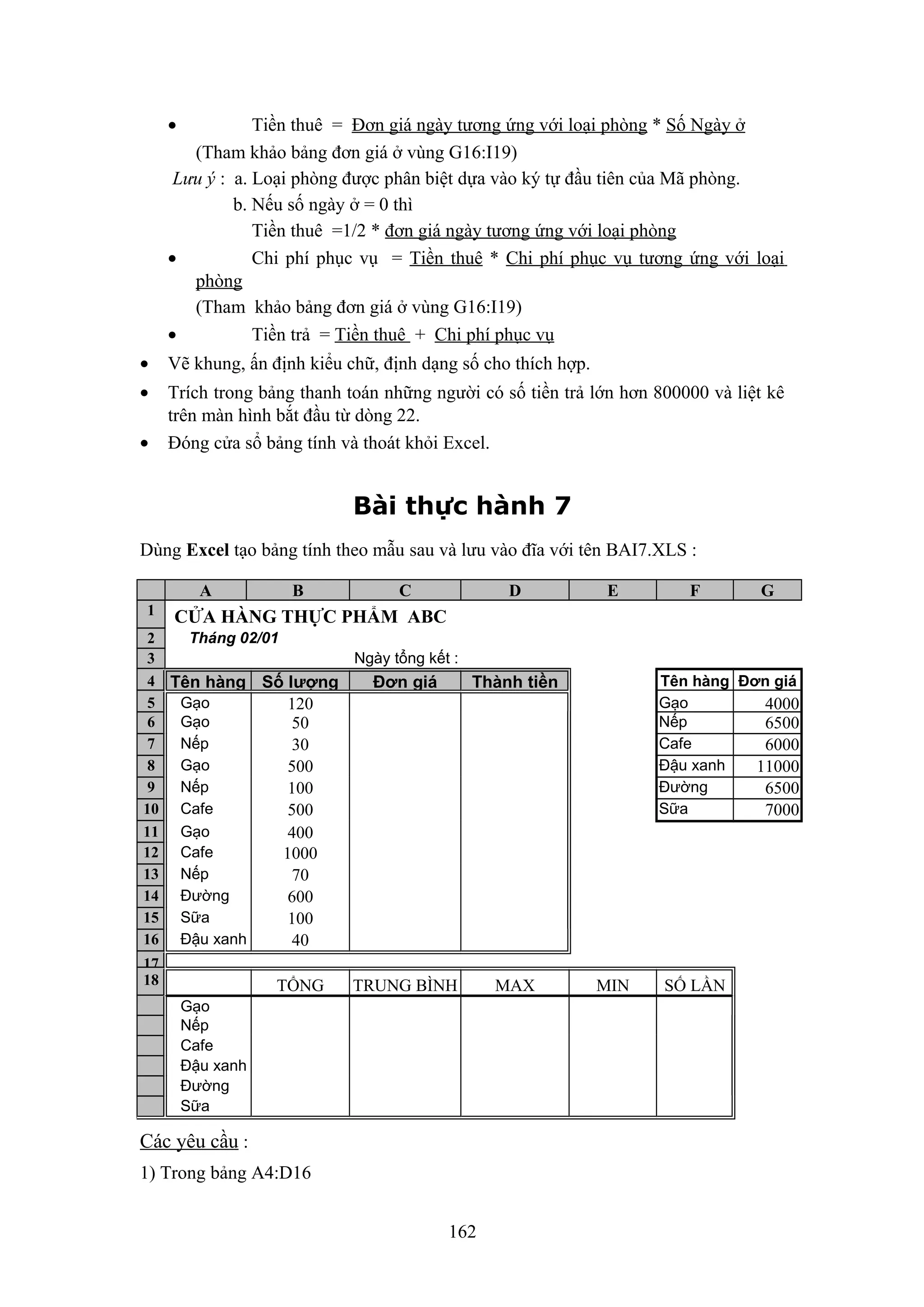 •

Tiền thuê = Đơn giá ngày tương ứng với loại phòng * Số Ngày ở
(Tham khảo bảng đơn giá ở vùng G16:I19)
Lưu ý : a. Loại phòng được phân biệt dựa vào ký tự đầu tiên của Mã phòng.
b. Nếu số ngày ở = 0 thì
Tiền thuê =1/2 * đơn giá ngày tương ứng với loại phòng
•
Chi phí phục vụ = Tiền thuê * Chi phí phục vụ tương ứng với loại
phòng
(Tham khảo bảng đơn giá ở vùng G16:I19)
•
Tiền trả = Tiền thuê + Chi phí phục vụ
•

Vẽ khung, ấn định kiểu chữ, định dạng số cho thích hợp.

•

Trích trong bảng thanh toán những người có số tiền trả lớn hơn 800000 và liệt kê
trên màn hình bắt đầu từ dòng 22.
Đóng cửa sổ bảng tính và thoát khỏi Excel.

•

Bài thực hành 7
Dùng Excel tạo bảng tính theo mẫu sau và lưu vào đĩa với tên BAI7.XLS :
A
1

B

C

D

E

F

G

CỬA HÀNG THỰC PHẨM ABC

2
Tháng 02/01
3
4 Tên hàng Số lượng
5
Gạo
120
6
Gạo
50
7
Nếp
30
8
Gạo
500
9
Nếp
100
10 Cafe
500
11 Gạo
400
12 Cafe
1000
13 Nếp
70
14 Đường
600
15 Sữa
100
16 Đậu xanh
40
17
18

TỔNG

Ngày tổng kết :

Đơn giá

Thành tiền

TRUNG BÌNH

MAX

Gạo
Nếp
Cafe
Đậu xanh
Đường
Sữa

Các yêu cầu :
1) Trong bảng A4:D16
162

Tên hàng Đơn giá
Gạo
4000
Nếp
6500
Cafe
6000
Đậu xanh
11000
Đường
6500
Sữa
7000

MIN

SỐ LẦN

 