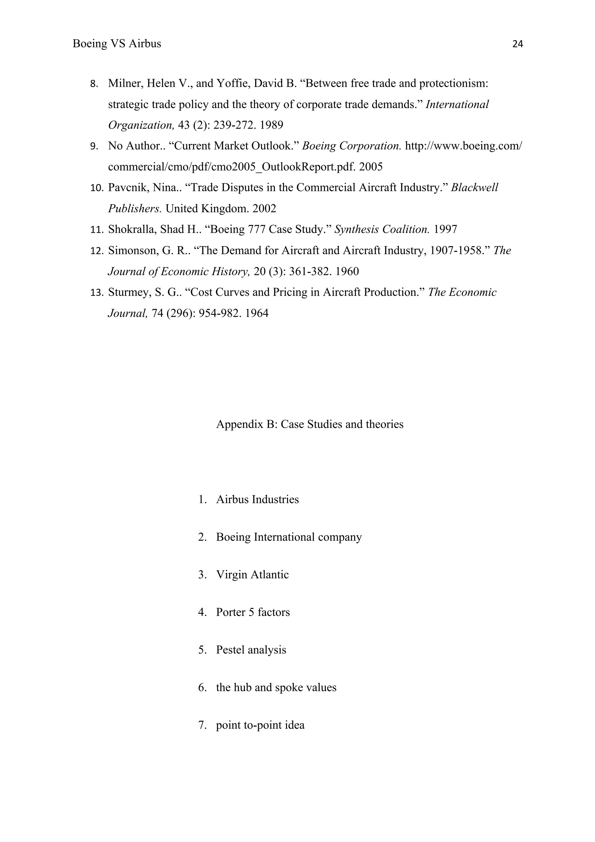 Boeing VS Airbus                                                                          24


   8. Milner, Helen V., and Yoffie, David B. “Between free trade and protectionism:
      strategic trade policy and the theory of corporate trade demands.” International
      Organization, 43 (2): 239-272. 1989
   9. No Author.. “Current Market Outlook.” Boeing Corporation. http://www.boeing.com/
      commercial/cmo/pdf/cmo2005_OutlookReport.pdf. 2005
   10. Pavcnik, Nina.. “Trade Disputes in the Commercial Aircraft Industry.” Blackwell
      Publishers. United Kingdom. 2002
   11. Shokralla, Shad H.. “Boeing 777 Case Study.” Synthesis Coalition. 1997
   12. Simonson, G. R.. “The Demand for Aircraft and Aircraft Industry, 1907-1958.” The
      Journal of Economic History, 20 (3): 361-382. 1960
   13. Sturmey, S. G.. “Cost Curves and Pricing in Aircraft Production.” The Economic
      Journal, 74 (296): 954-982. 1964




                            Appendix B: Case Studies and theories




                        1. Airbus Industries


                        2. Boeing International company


                        3. Virgin Atlantic


                        4. Porter 5 factors


                        5. Pestel analysis


                        6. the hub and spoke values


                        7. point to-point idea
 