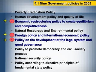4.1 Nine Government policies in 2005 Poverty Eradication Policy Human development   policy and quality of life Economic restructuring policy to create equilibrium and competitiveness Natural Resources and Environmental policy Foreign policy and international economic policy Policy on the development of the legal system and good governance Policy to promote democracy and civil society process National security policy Policy according to directive principles of fundamental state policy 