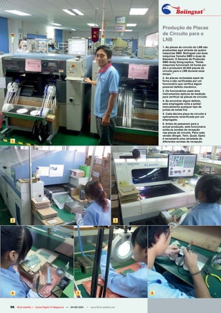 Produção de Placas
                                                                                          de Circuito para o
                                                                                          LNB
                                                                                          1. As placas de circuito do LNB são
                                                                                          produzidas aqui através de quatro
                                                                                          máquinas SMD. Boiingsat usa duas
                                                                                          máquinas Yamaha SMD e duas da
                                                                                          Siemens. O Gerente de Produção
                                                                                          SMD Andy Gong explica, "Estas
                                                                                          máquinas funcionam 24 horas por
                                                                                          dia e produzem 40.000 placas de
                                                                                          circuito para o LNB durante esse
                                                                                          tempo. "
                                                                                          2. As placas recheadas saem do
                                                                                          forno e são verificadas por um
                                                                                          funcionário que verifica algum
                                                                                          possível defeito mecânico.
                                                                                          3. Os funcionários usam dois
                                                                                          instrumentos ópticos de medição
                                                                                          para verificar as placas de circuito.
                                                                                          4. Se encontrar algum defeito,
                                                                                          esta empregada volta a soldar
                                                                                          manualmente qualquer tipo de
                                                                                          juntas de solda fria.
                                                                                          5. Cada décima placa de circuito é
                                                                                          opticamente reverificada por um
                                                                                          empregado.
                                                                                          6. Antes de passarem para a
                                                                                          actual produção, este funcionário
                                                                                          solda as sondas de recepção
                                                                                          nas placas de circuito. Para cada
                                                                                          versão (Single, Twin, Quad, Opto)
                                                                                          é necessária uma variedade de
1                                                                                         diferentes sondas de recepção.




2                                                                                 3




4                                                    5                                6


96 TELE-satellite — Global Digital TV Magazine — 04-05/201 — www.TELE-satellite.com
                                                         1
 