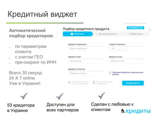 Автоматический
подбор кредиторов:
 по параметрам
клиента
 с учетом ГЕО
 пре-скоринг по ИНН
Всего 30 секунд
24 Х 7 online
Уже в Украине!
Кредитный виджет
Доступен для
всех партнеров
53 кредитора
в Украине
Сделан с любовью к
клиентам
 
