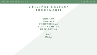 О Ф І Ц І Й Н І Д Ж Е Р Е Л А
І Н Ф О Р М А Ц І І
M A R I A N N A B O Y K O . C O M Е К О Т Р Е Н І Н Г
U N I A N . U A
L I G A . N E T
U K R I N F O R M . U A
S U S P I L N E . M E D I A
N R C U . G O V . U A
B B C
N A S A
 