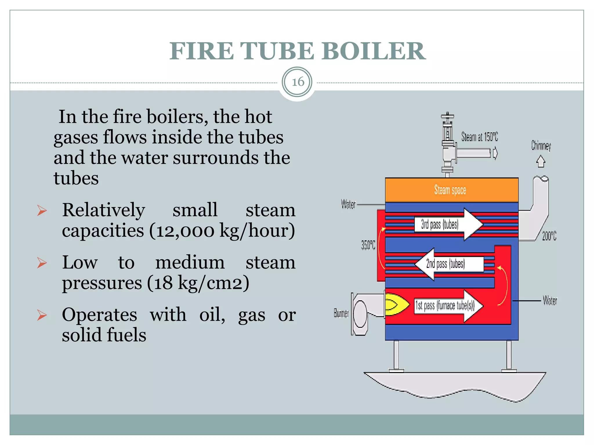 FIRE TUBE BOILER
In the fire boilers, the hot
gases flows inside the tubes
and the water surrounds the
tubes
 Relatively small steam
capacities (12,000 kg/hour)
 Low to medium steam
pressures (18 kg/cm2)
 Operates with oil, gas or
solid fuels
16
 