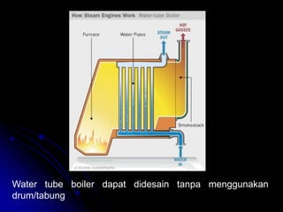 Water tube boiler dapat didesain tanpa menggunakan
drum/tabung
 
